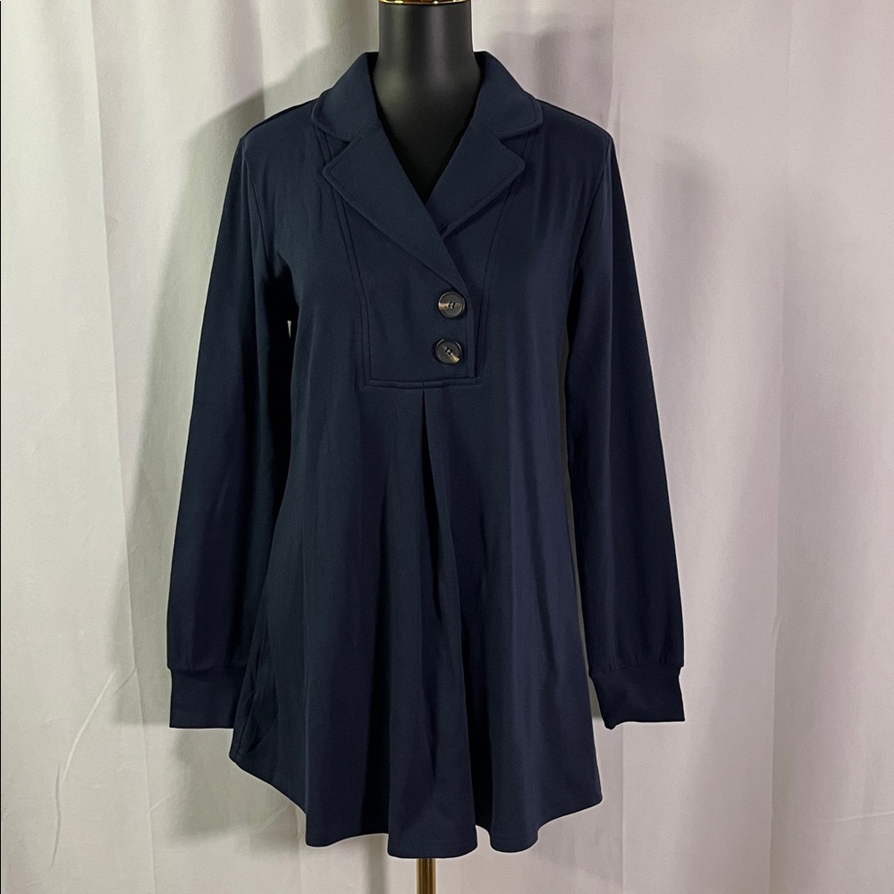NWT Gaharu Navy Blue Notch Collar Long Sleeve Swing Hem Knit Tunic Sweater